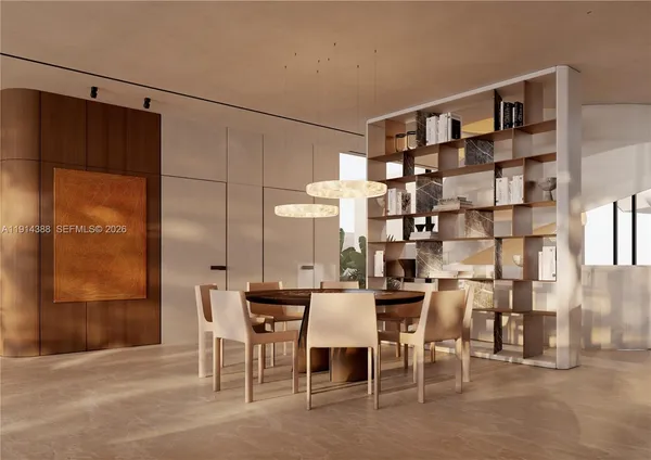 a dining room with furniture and window