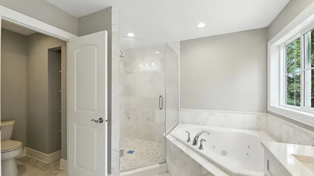 a bathroom with a bathtub and a toilet