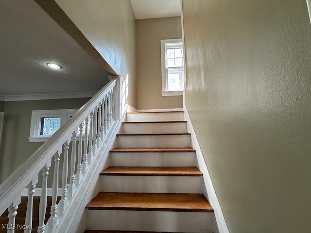 3282 Yorkshire Road Cleveland, OH 44118 - Photo 9 of 33 Stairway featuring a healthy amount of sunlight and ornamental molding