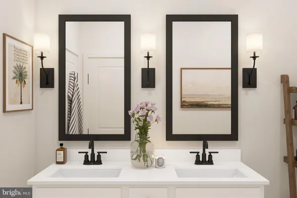 a bathroom with a sink a mirror and a window