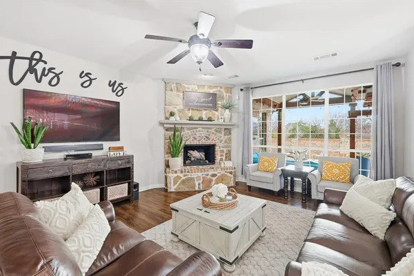 a living room with furniture fireplace and a flat screen tv