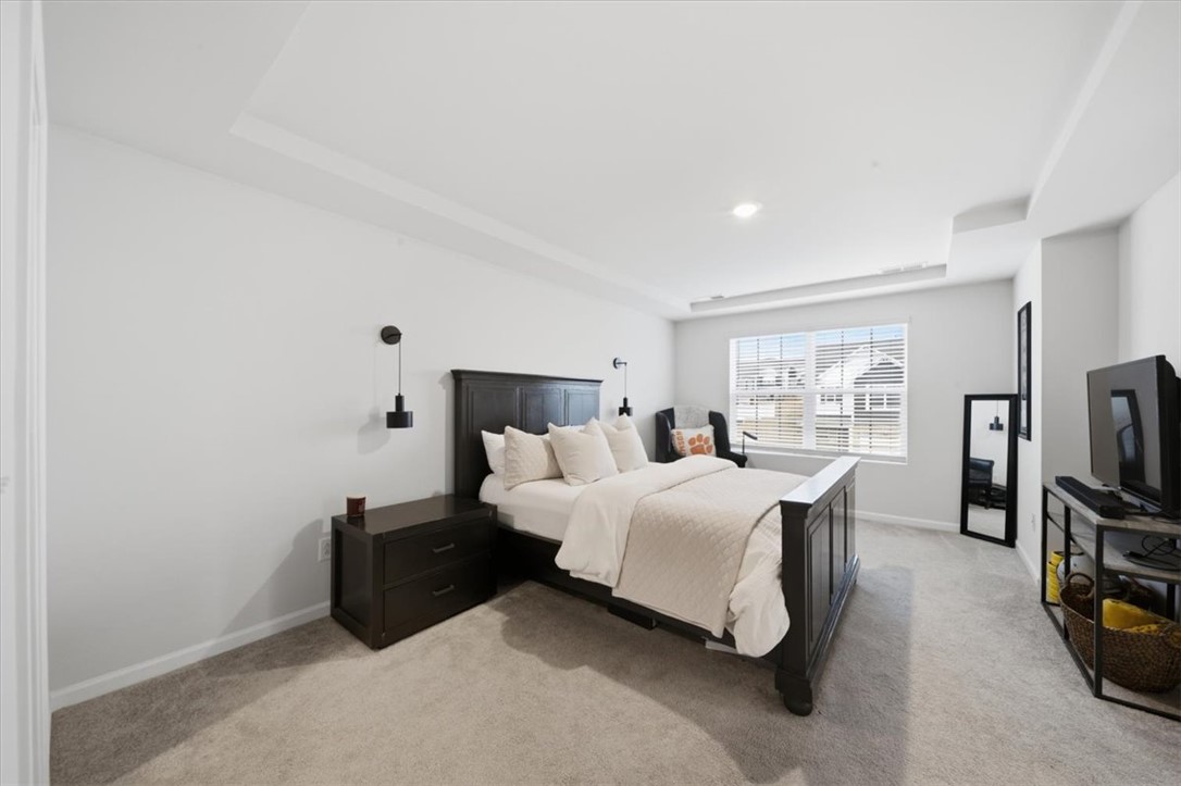 455 Bee Cv Way Pendleton, SC 29670 - Photo 22 of 46 This tranquil bedroom features plush carpet flooring and a tray ceiling, offering a peaceful retreat.