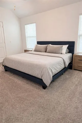 a bedroom with a bed and a couch