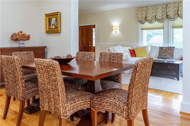 a view of a dining room with furniture and wooden floor