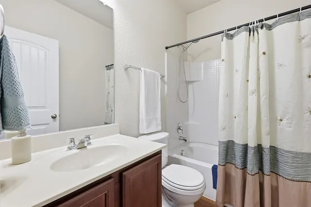 a bathroom with a sink a toilet a mirror a vanity and shower