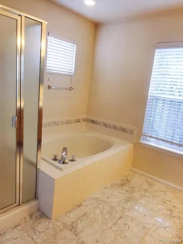 a bathroom with a bathtub and a shower