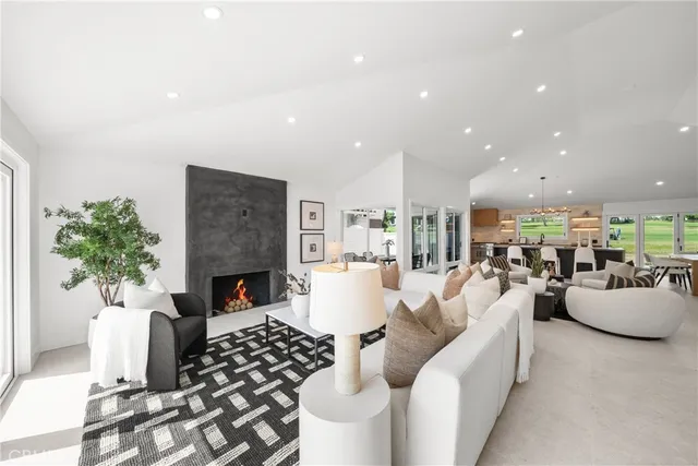 a living room with furniture a fireplace and a floor to ceiling window