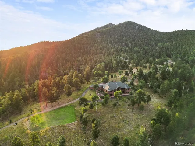 a view of a mountain in the distance in a field