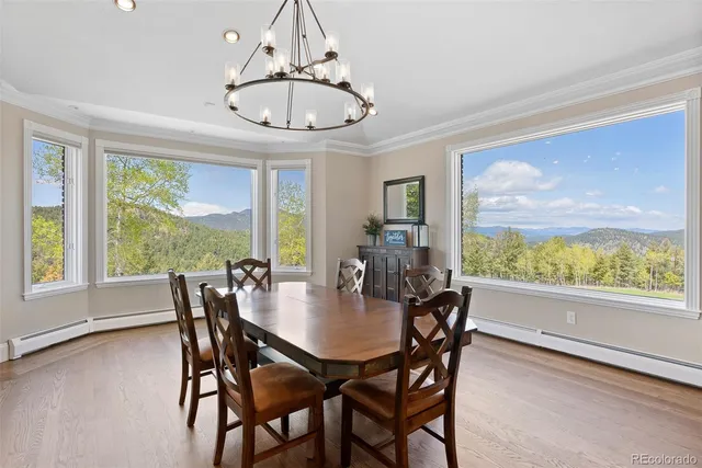 a view of a dining room with furniture window and outside view