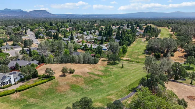 an aerial view of residential houses with outdoor space and trees