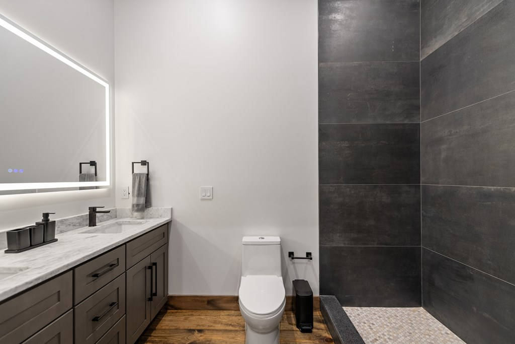 321 Skylight Drive Blue Ridge, GA 30513 - Photo 51 of 89 a bathroom with a granite countertop sink a toilet and a mirror