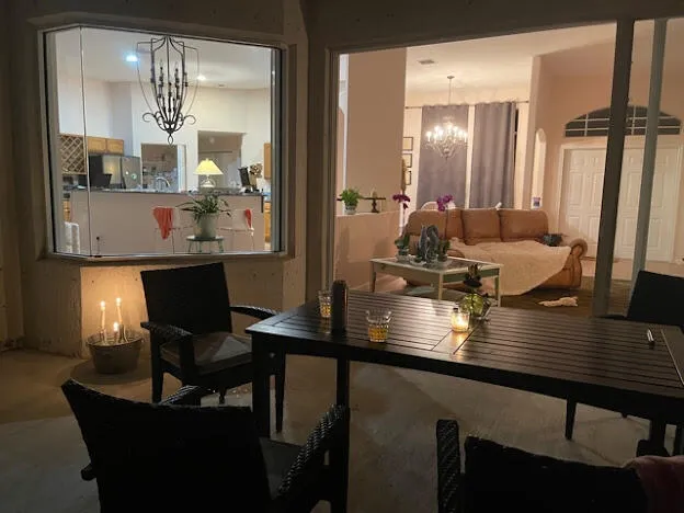 a view of a dining room with furniture