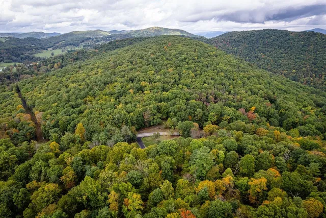 a view of a field with mountains in the background