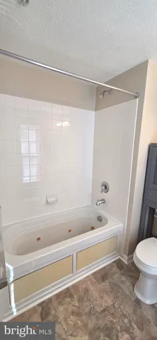 a bathroom with a bathtub and a toilet