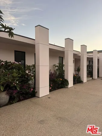 a view of a house with lots of potted plants