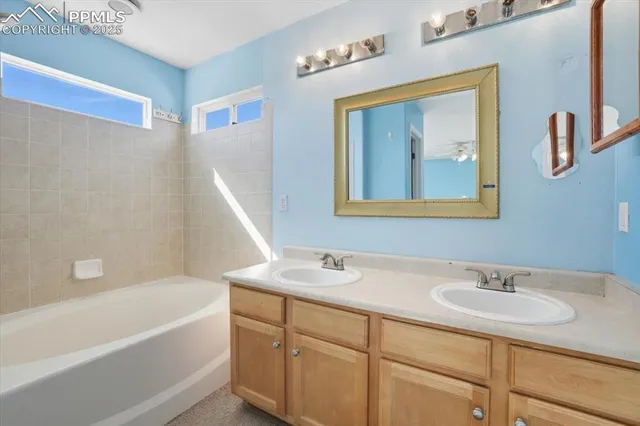 a bathroom with a tub sink and mirror