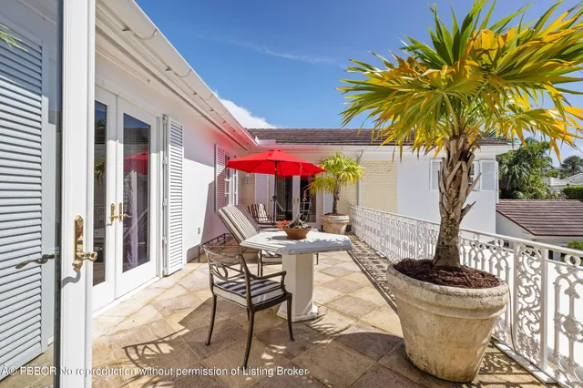a view of a patio with table and chairs potted plants and palm trees