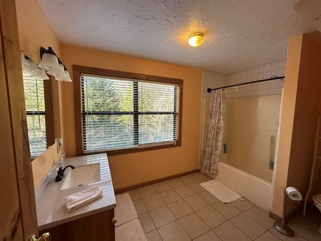 a bathroom with a sink toilet and tub