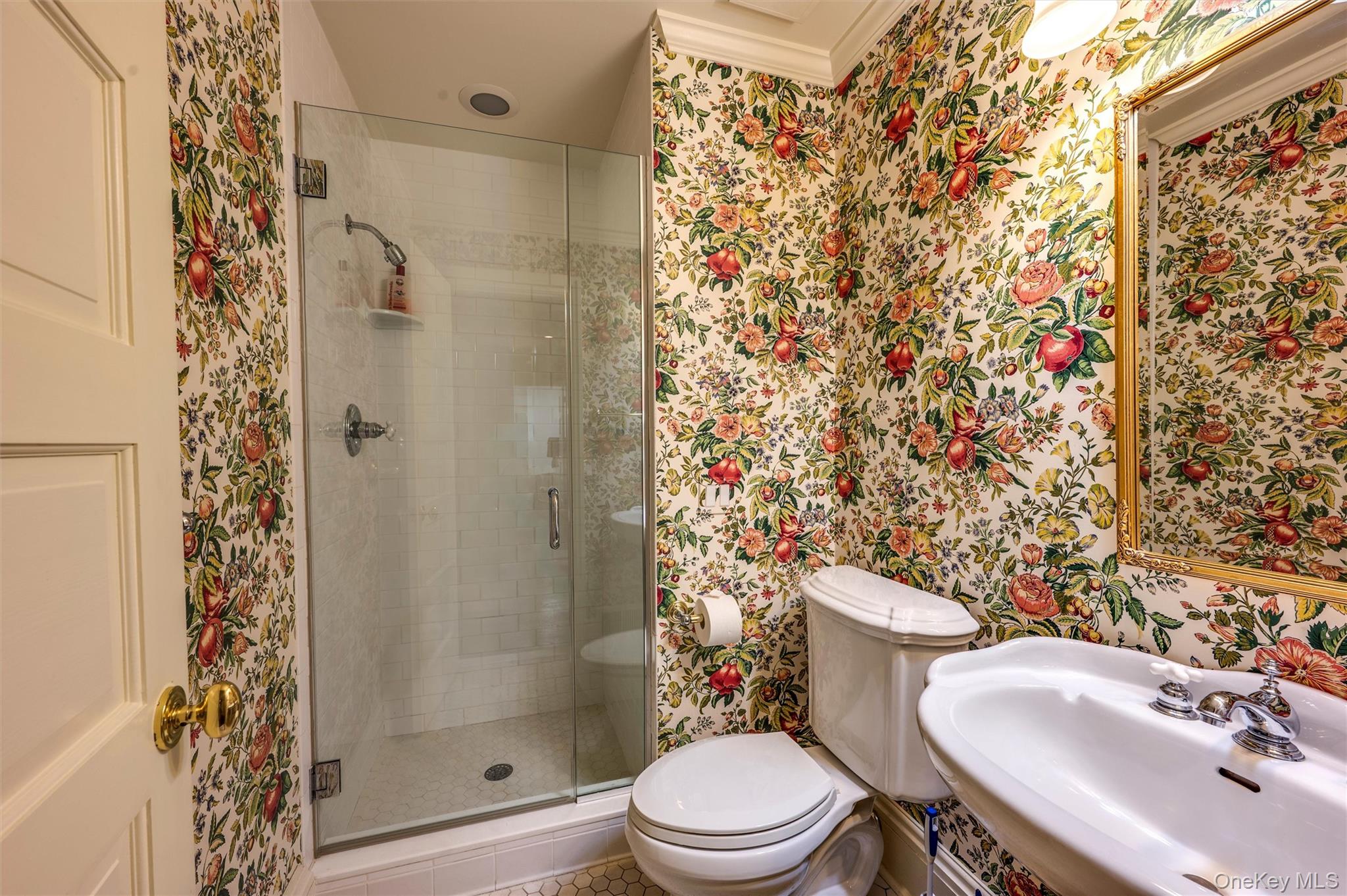 8 Fish Creek Lane Remsenburg, NY 11960 - Photo 21 of 35 Bathroom featuring wallpapered walls, a stall shower, and tile patterned floors