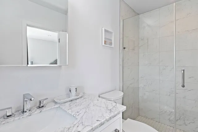 a bathroom with a granite countertop sink a toilet and shower