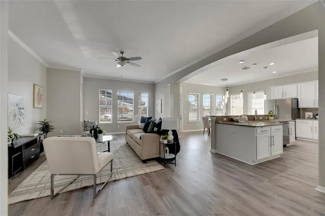 a view of a dining room with furniture