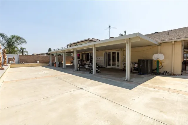 a view of a building with a patio