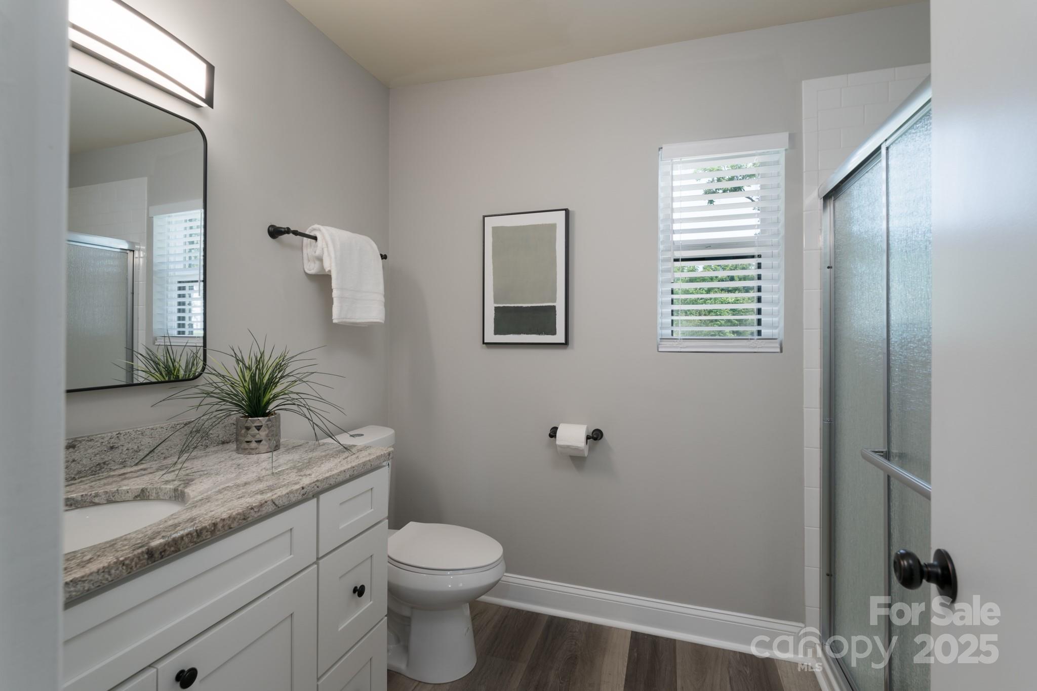 6211 Rock Island Road Charlotte, NC 28278 - Photo 17 of 36 a bathroom with a granite countertop sink a toilet and mirror