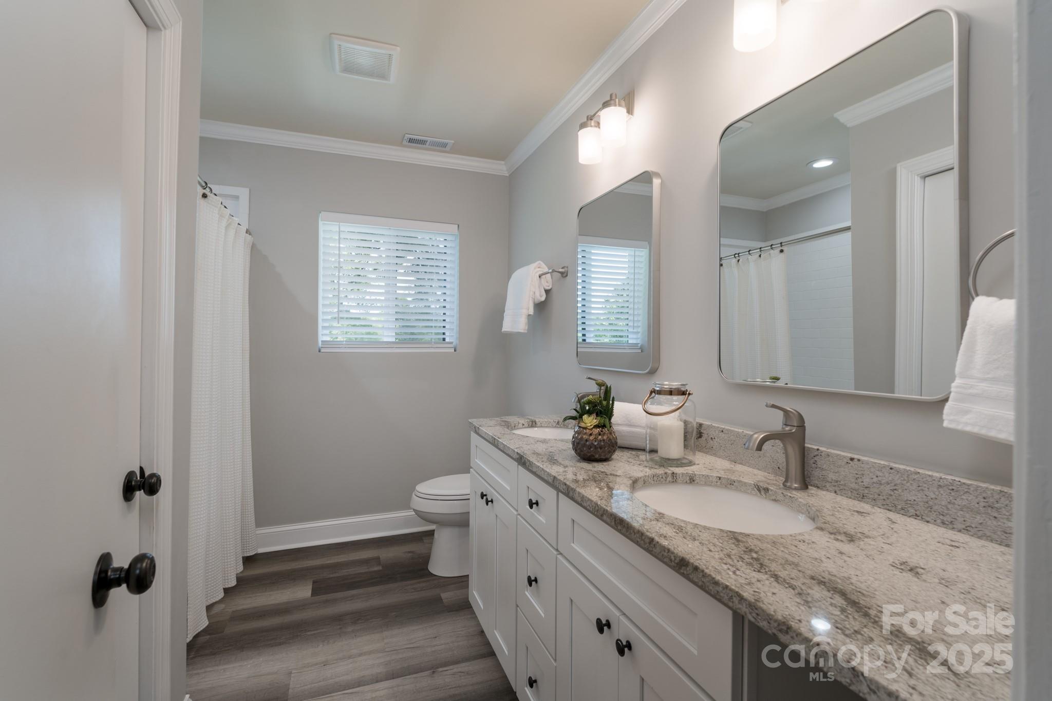 6211 Rock Island Road Charlotte, NC 28278 - Photo 23 of 36 a bathroom with a granite countertop sink and a mirror