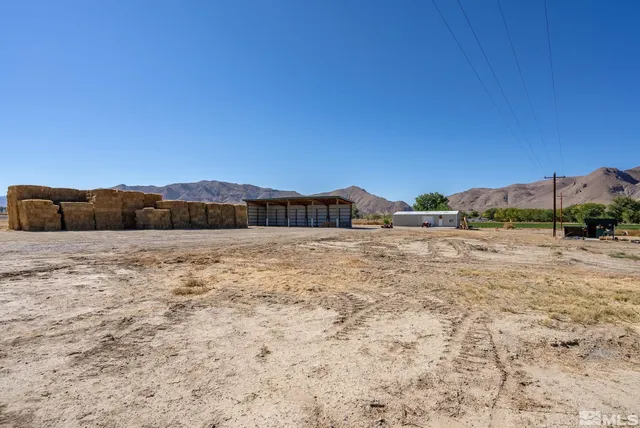 a view of a dry yard with wooden fence