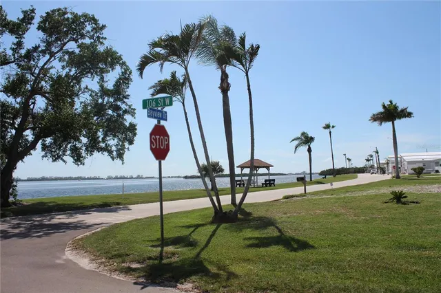 a view of a swimming pool with a yard and a palm tree