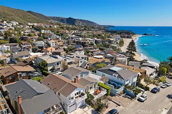 an aerial view of a building with outdoor space