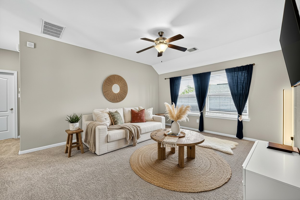 12751 Sweet Root Lane Humble, TX 77346 - Photo 19 of 29 a living room with couches a fireplace and a large window with wooden floor
