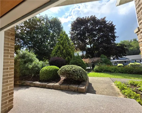 a view of a garden with a bench in the background