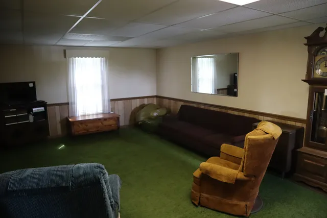 a living room with furniture rug and a window