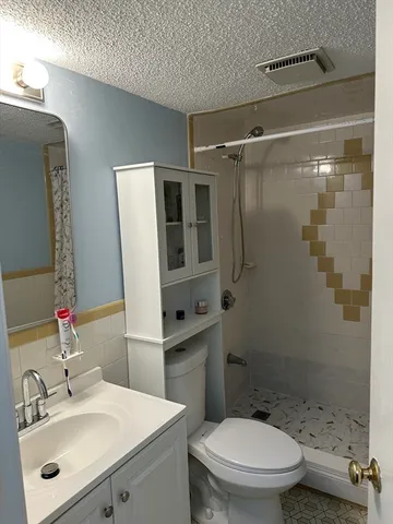 a bathroom with a sink mirror toilet and shower