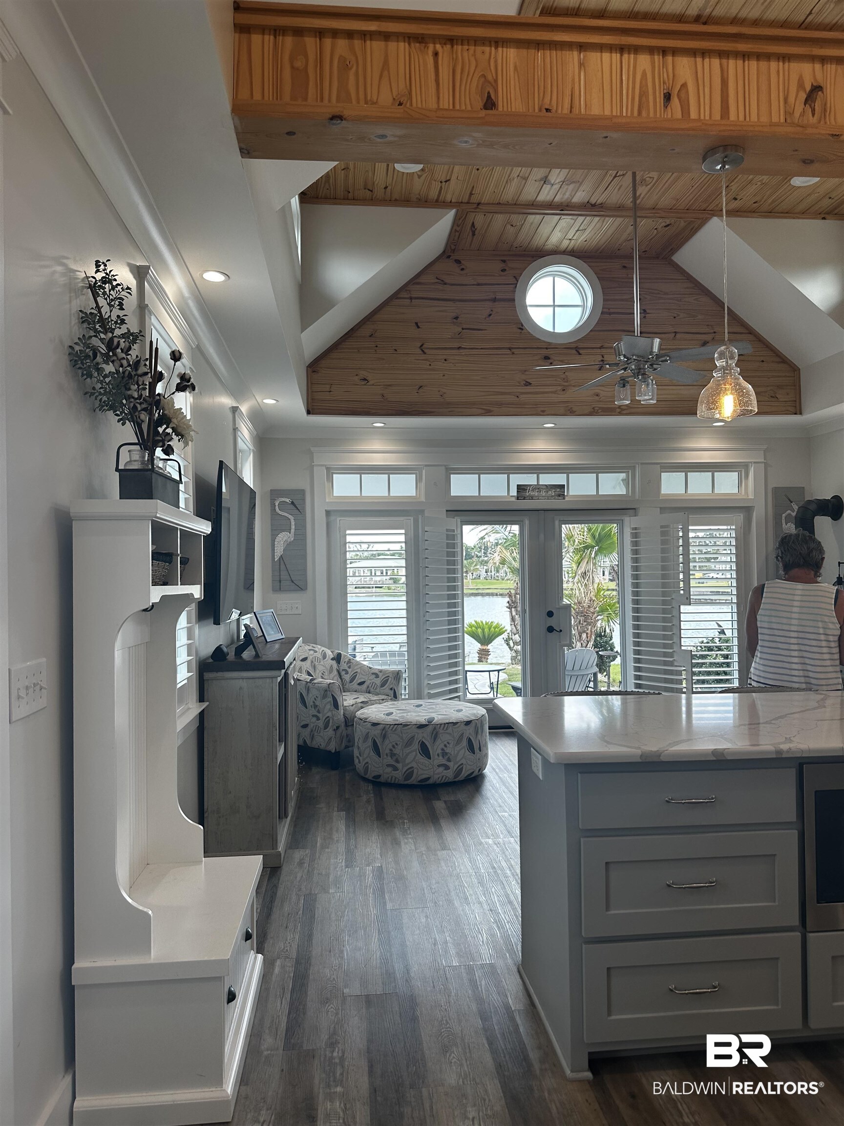 28058 Migratory Way, Unit 100 Elberta, AL 36530 - Photo 30 of 83 Kitchen featuring dark wood-style floors, wooden ceiling, beam ceiling, hanging light fixtures, and high vaulted ceiling
