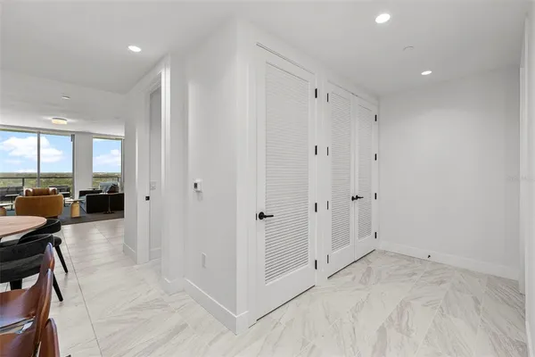 a city view with tall buildings