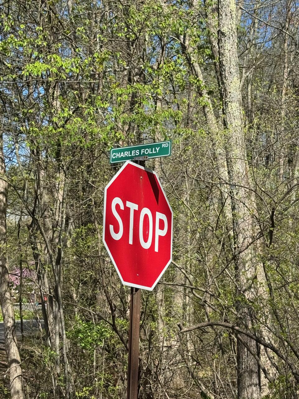 218 Charles Folly Road Bartonsville, PA 18321 - Photo 5 of 6 a blue sign that is sitting next to a road