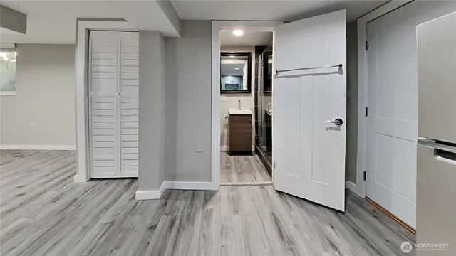 a view of kitchen with wooden floor