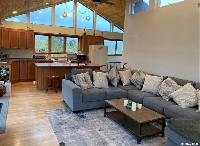 a living room with furniture and a kitchen appliance view