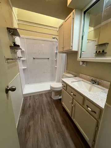 a bathroom with a sink a toilet and shower
