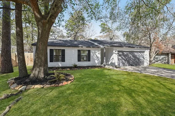 a view of a house with backyard and a tree