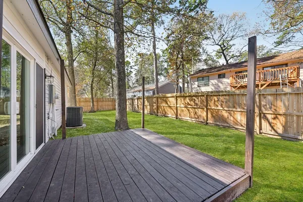 a view of a yard with plants and trees