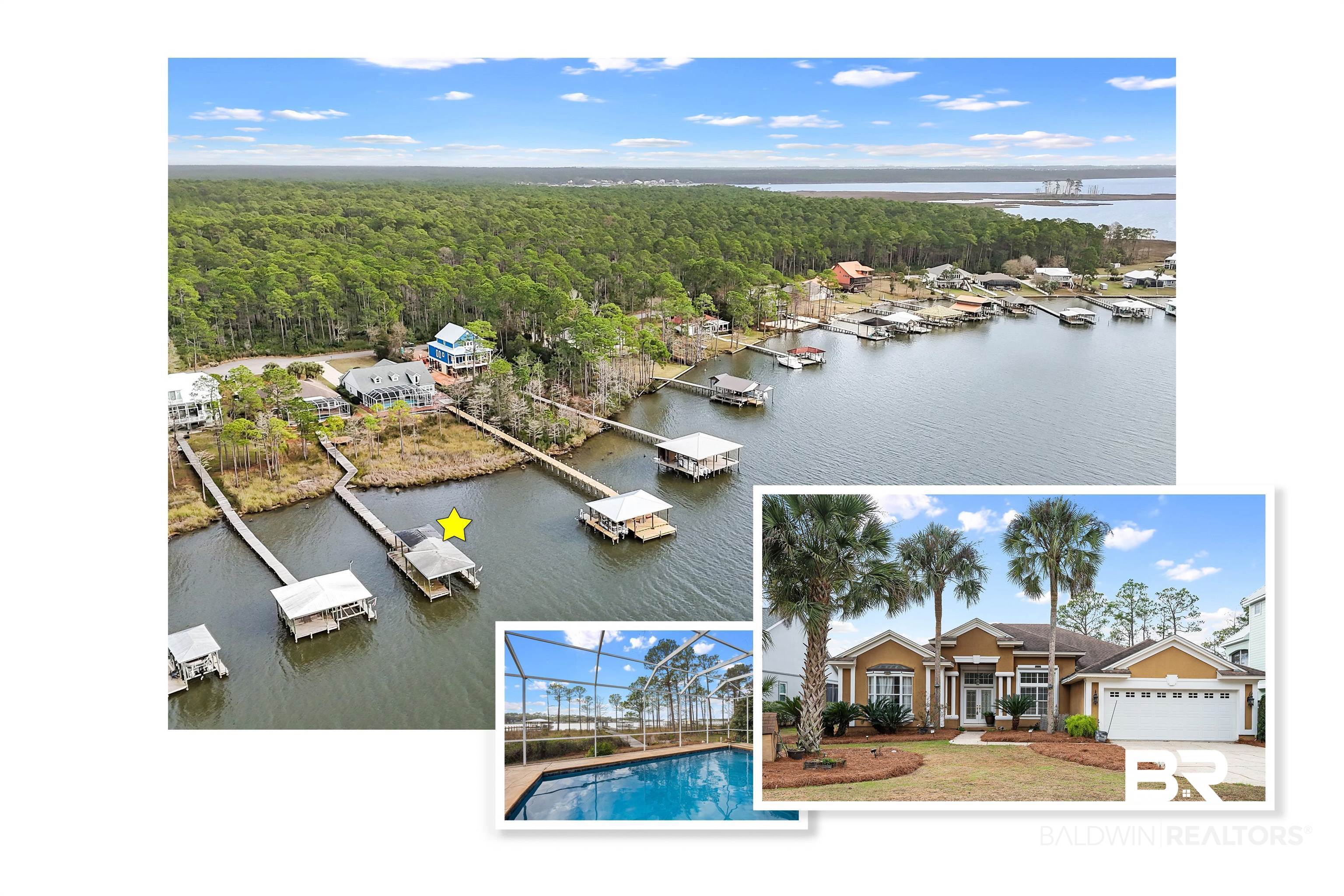 8591 Bay Harbor Road Elberta, AL 36530 - Photo 1 of 56 Bird's eye view of a nearby body of water and a pool area