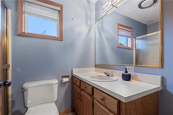 a bathroom with a sink a toilet and mirror