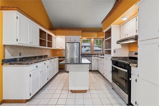 a kitchen with stainless steel appliances granite countertop a stove a sink and a refrigerator