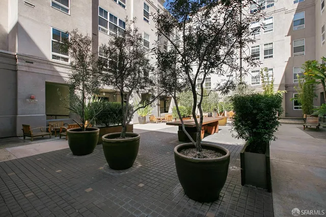 a view of a fountain with potted plants