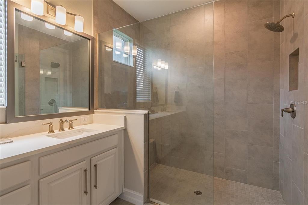 4738 Tramanto Lane Wesley Chapel, FL 33543 - Photo 28 of 45 a bathroom with a shower sink vanity and mirror