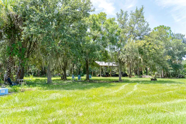 a view of a chair and table in the garden