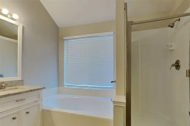 a bathroom with a granite countertop sink and a bathtub